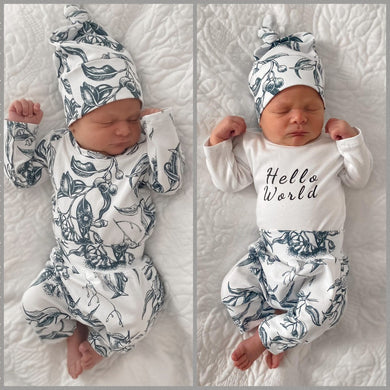 Australiana Eucalyptus Gumnut monochrome  newborn set- in stock