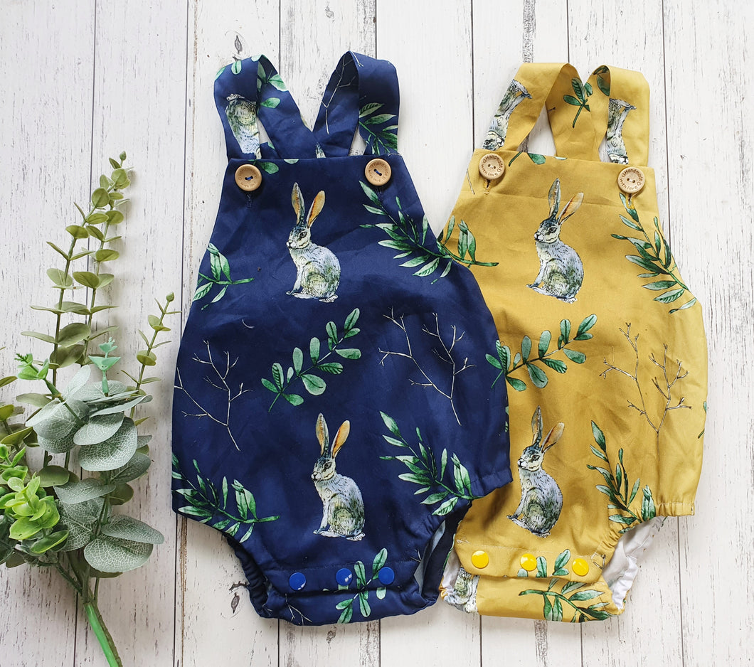 Bunnies & eucalyptus on MUSTARD  romper- IN STOCK SIZE 0