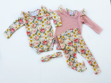 Audrey floral bodysuits, dusty pink bodysuits, pants & topknot headband set- save $$- IN STOCK SIZE 1