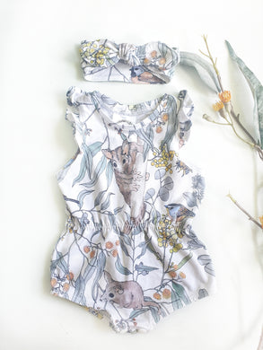 Endangered possums & friends Callie playsuit - IN STOCK - LAST ONE SIZE 000 with FREE topknot headband